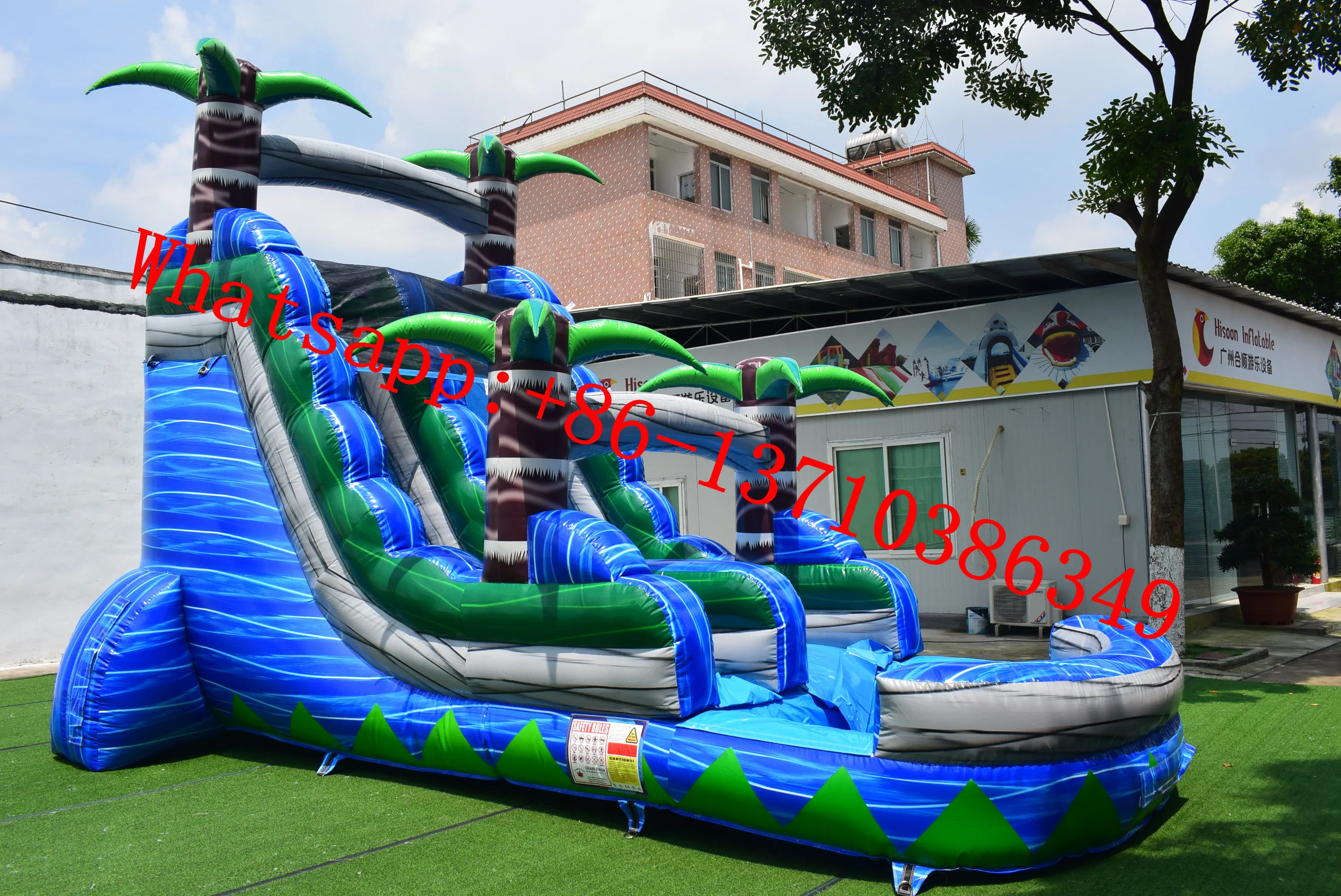 

Hot sale commercial blue palm tree theme inflatable pool water slide