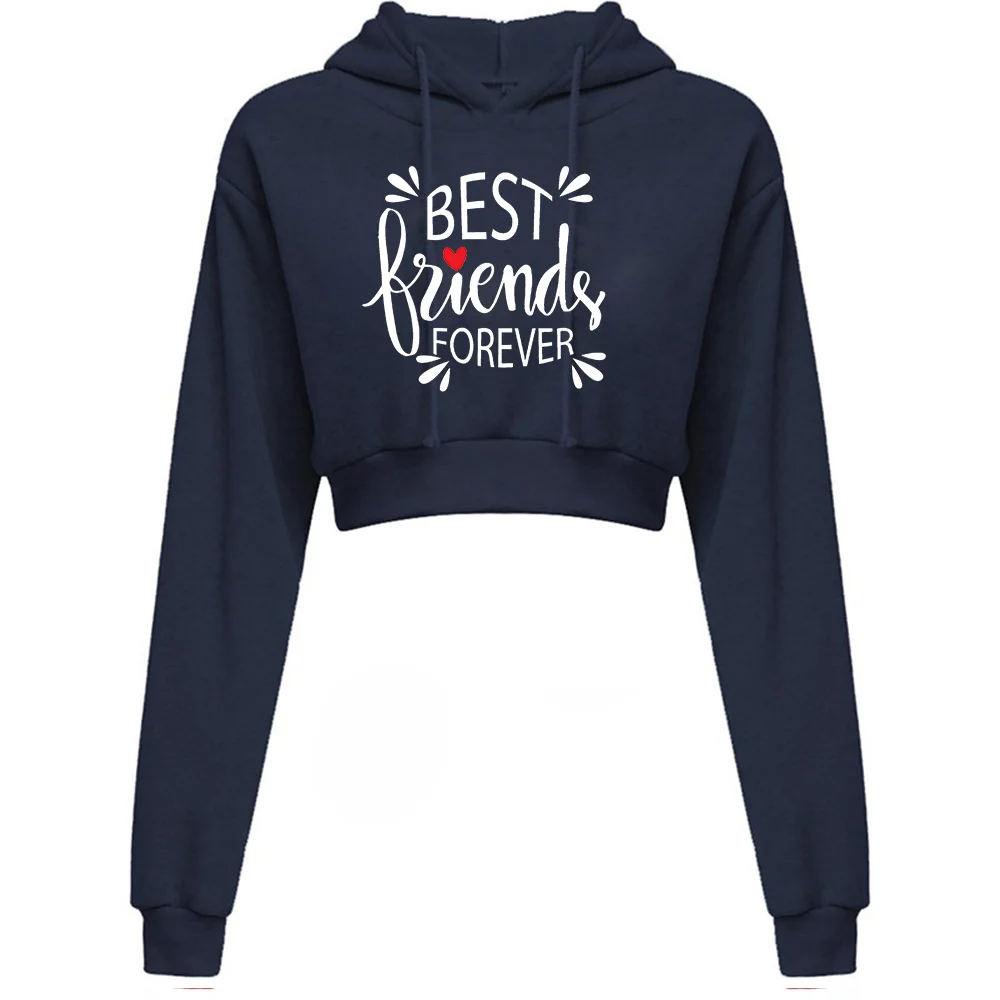 

Women Best Friends Print Long Sleeve Crop Hoodies Casual Streetwear Tops Fleece Clothing Fashion Solid Female