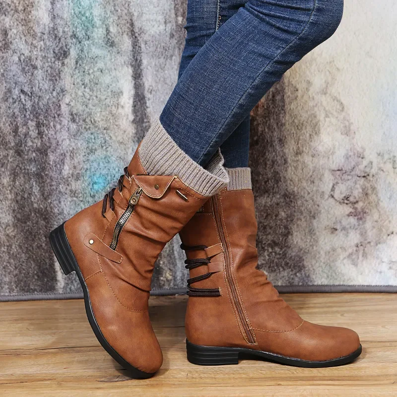 

Women Mid-Calf Boots Autumn Winter Female Casual Shoes Flat Fashion Platform Round Toe Zip Solid Plus Size 35-43 Bota Feminina
