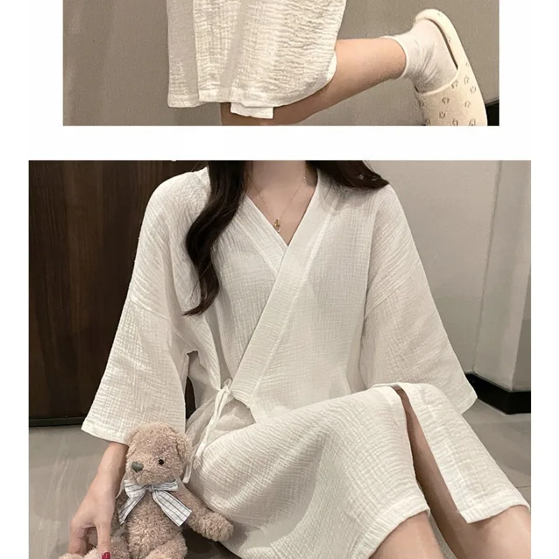 Baby Yarn Cotton Linen Solid Color Home Simple Fashion Medium Length Over The Knee Nightdress Can Be Worn Outside The Robe Woman