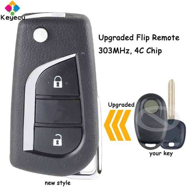 KEYECU Upgraded Flip Remote Control Car Key With 2 Buttons 303MHz 4C Chip Fob for Toyota Prado Corolla Hilux MR2 Land Cruiser