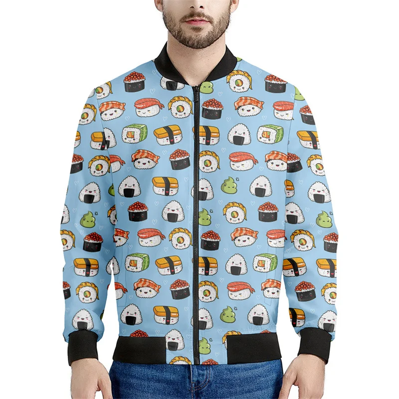 thumbnail image 1 of Chaqueta bomber con estampado 3D de rollos de sushi japoneses para hombres y mujeres, sudadera de gran tamaño, camisetas de primavera y otoño, chaquetas con cremallera de manga larga, 1 of 5