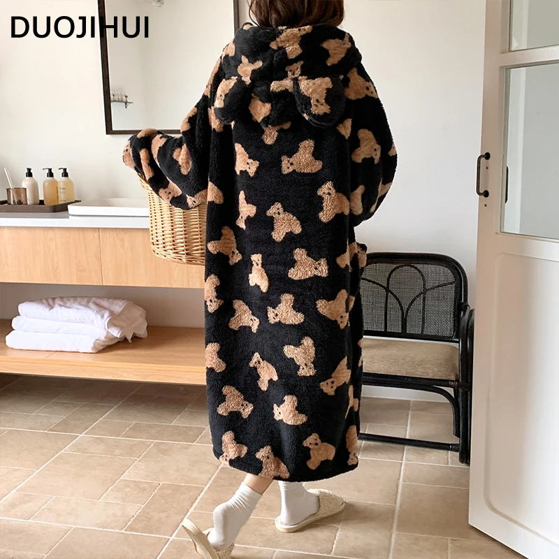 DUOJIHUI Contrast Color Hooded Cute Thick Warm Robes for Women Chic Print Pocket Loose Simple Casual Fashion Flannel Female Robe