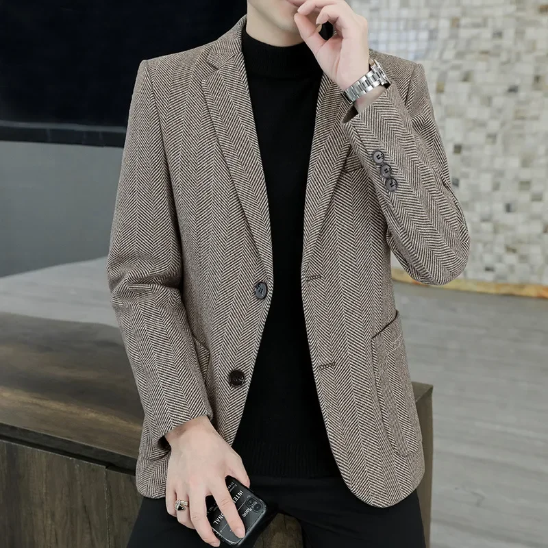 

HOO 2024 Men's Autumn and Winter New Woolen Double Buckle blazer Youth Fashion V Pattern Casual blazer