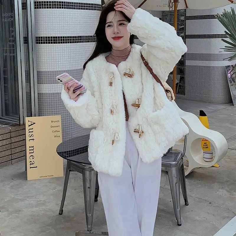 BEENLE Winter Lamb Wool Jackets Korean Plush Fur Coats Thick White Cotton Cardigan for Woman Loose Warm Casual Fashion Coats