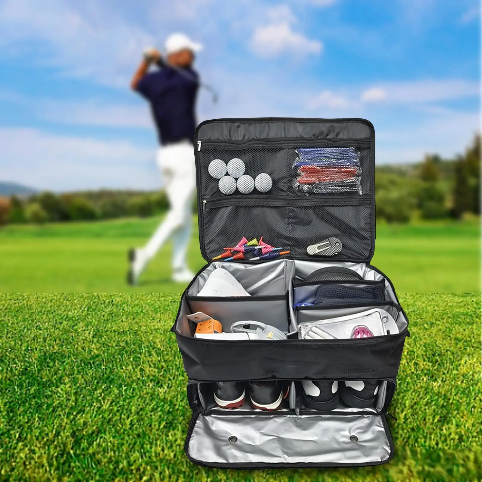 

Golf Trunk Organizer Foldable for Essentials Two Layer Durable Locker
