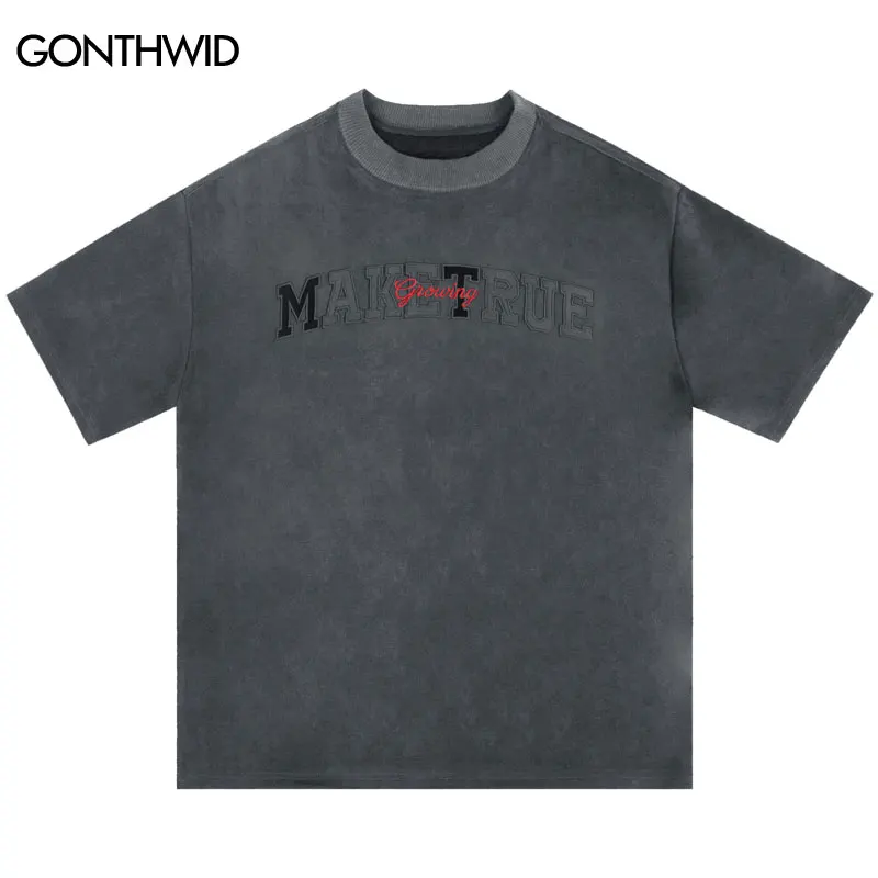 

Men Suede T-Shirt Y2K Hip Hop Embroidery Letter Short Sleeve Tshirt Streetwear Vintage Punk Gothic Loose Tops 2024 Harajuku Tee