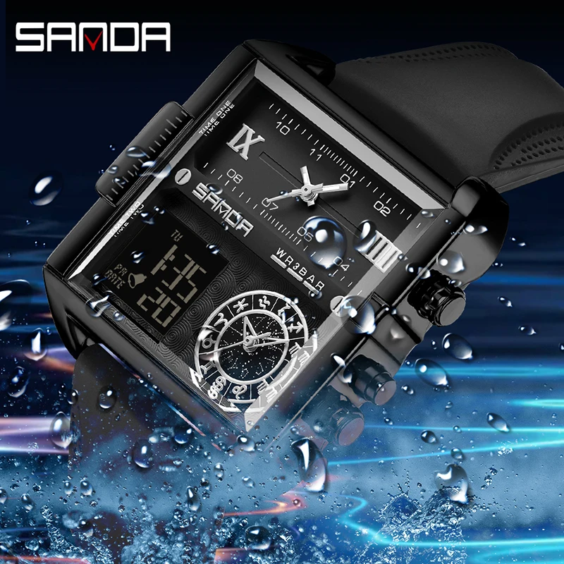 New Leather Men Watches Brand Male Clock Dual Time Display Digital Quartz Stopwatch Alarm SANDA 9008 Clocks Sport Waterprf