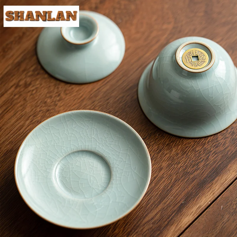 145ml Azure Ru Kiln Ice Cracked Glaze Gaiwan Handmade Copper Coin Base Tea Tureen Tea Brewing Cover Bowl Teaware Decoration Gift