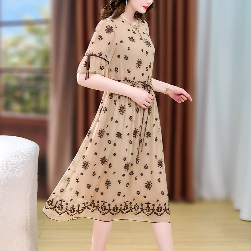 

Женское шелковое платье с вышивкой, универсальное Повседневное платье свободного покроя с круглым вырезом и рукавом 2023, праздничное платье, лето 5/4