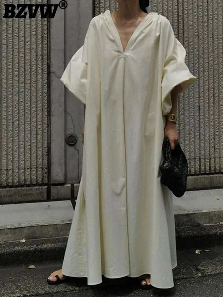 

Платье BZVW в минималистском стиле для женщин, с V-образным вырезом и пышными рукавами, однотонные повседневные трендовые платья 2024, женская летняя новая одежда 25A740