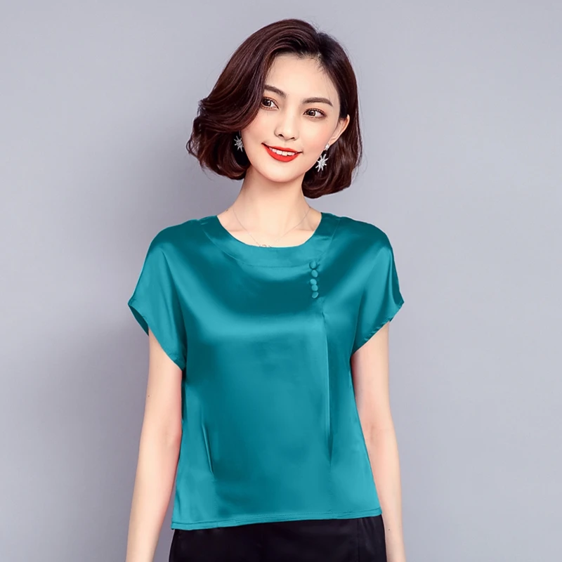 Silk Shirts And Blouses For Women Fashion 2023 Summer Short Sleeve Button Solid O-Neck Basic Top Female Clothing