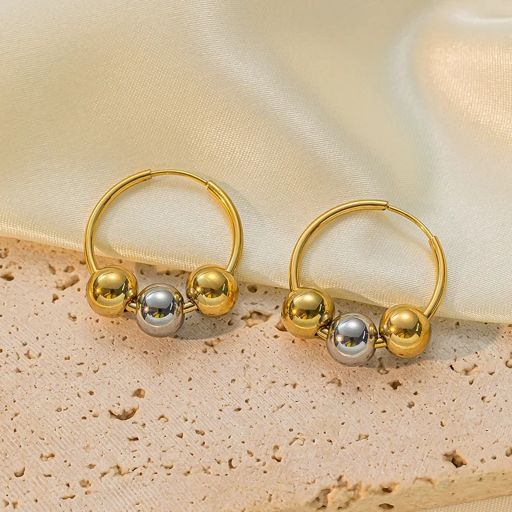 

Fashion Korean Gold Color Hoop Earrings With Three Beads Round Circle Stainless Steel Earrings For Women Trendy Hiphop Rock