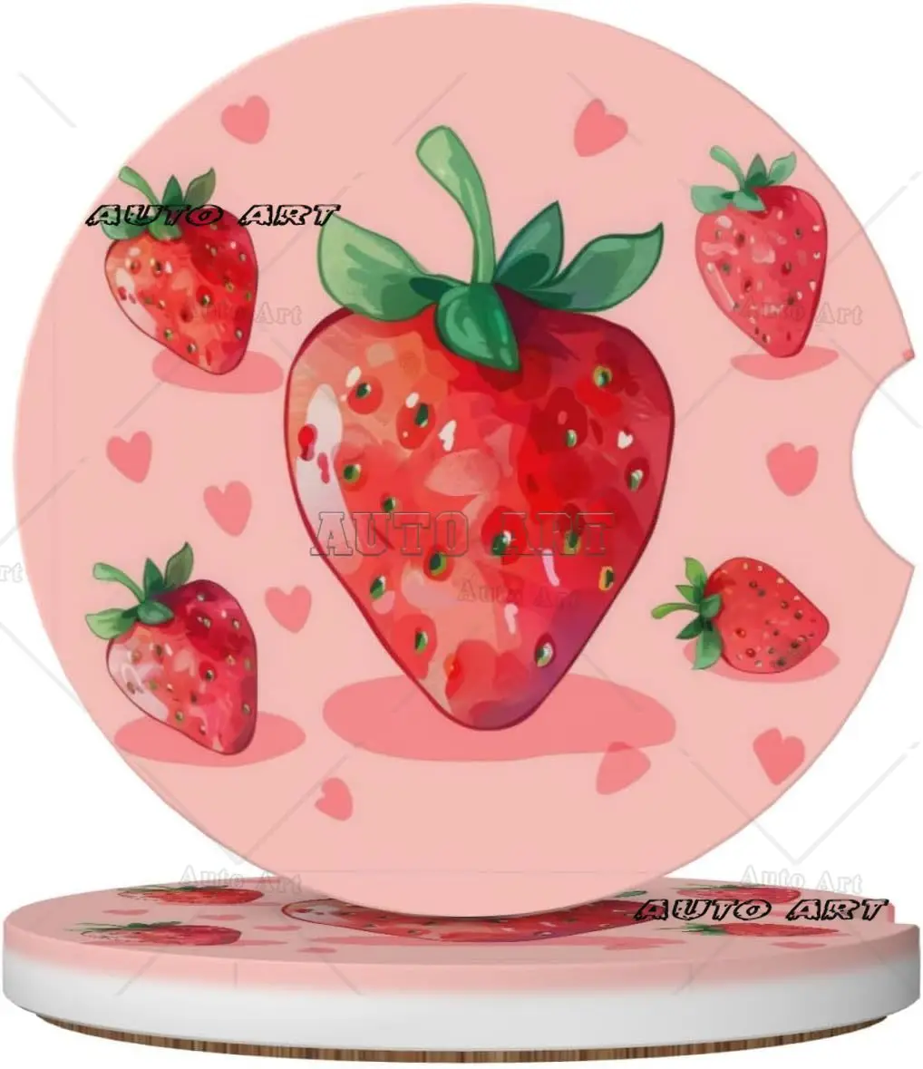 2 Pack Strawberry Cute Red Print Car Cup Holder Coaster Anti Slip Insert Ceramic Coaster with Cork Base and Finger Notch