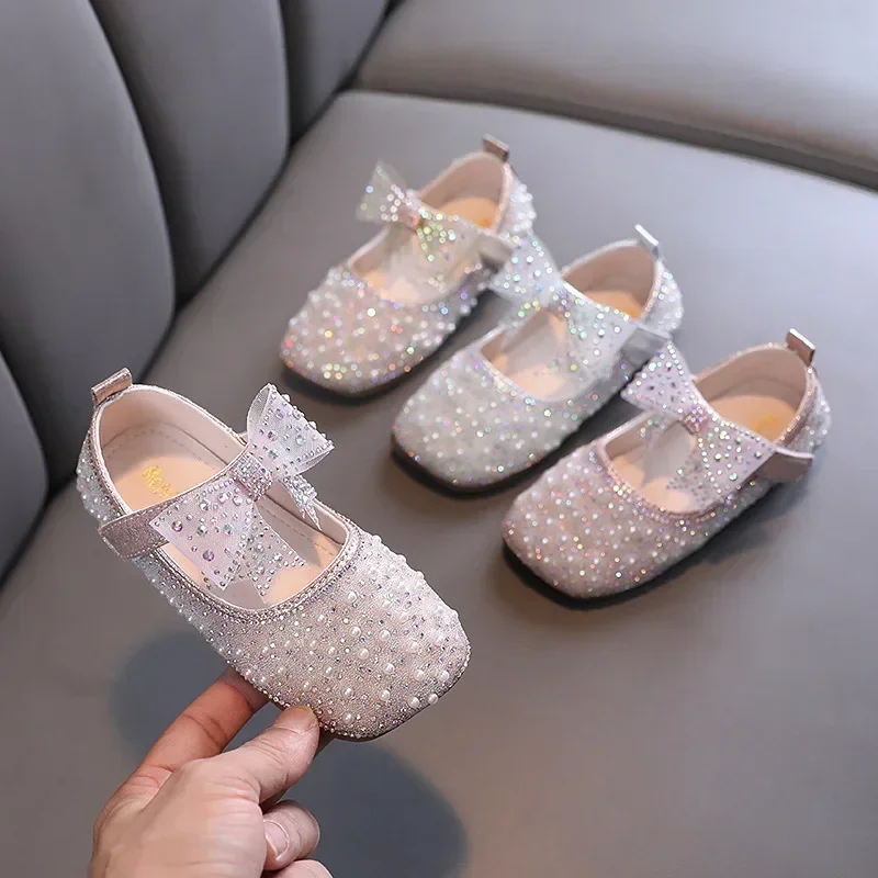 New Girls Princess Shoes Fashion Children's Bow Rhinestone Sequin Kids Shoes Baby Party Student Flat Performance H19