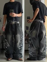 Jean baggy vintage Y2K noir imprimé motif épine, tendance Harajuku, pour hommes et femmes, style streetwear hip-hop décontracté, pantalon large pour couple 1