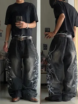 Y2K vintage black thorn Printing baggy jeans harajuku trend brand men women street hip hop fashion casual couple Wide-leg pants 1