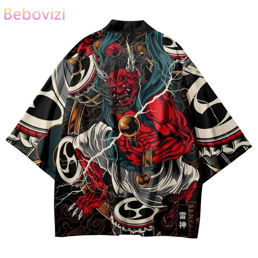 Fashion Casual Demon Print Robe Cardigan Women Men Harajuku Japanese Cosplay Yukata Beach Traditional Haori Oversized Kimono