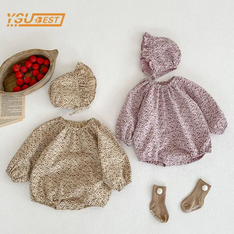 

Autumn Infant Baby Girls Long Sleeve Flower Jumpsuit Children Rompers + Hat Sweet Newborn Kids Baby Girls Clothes Rompers