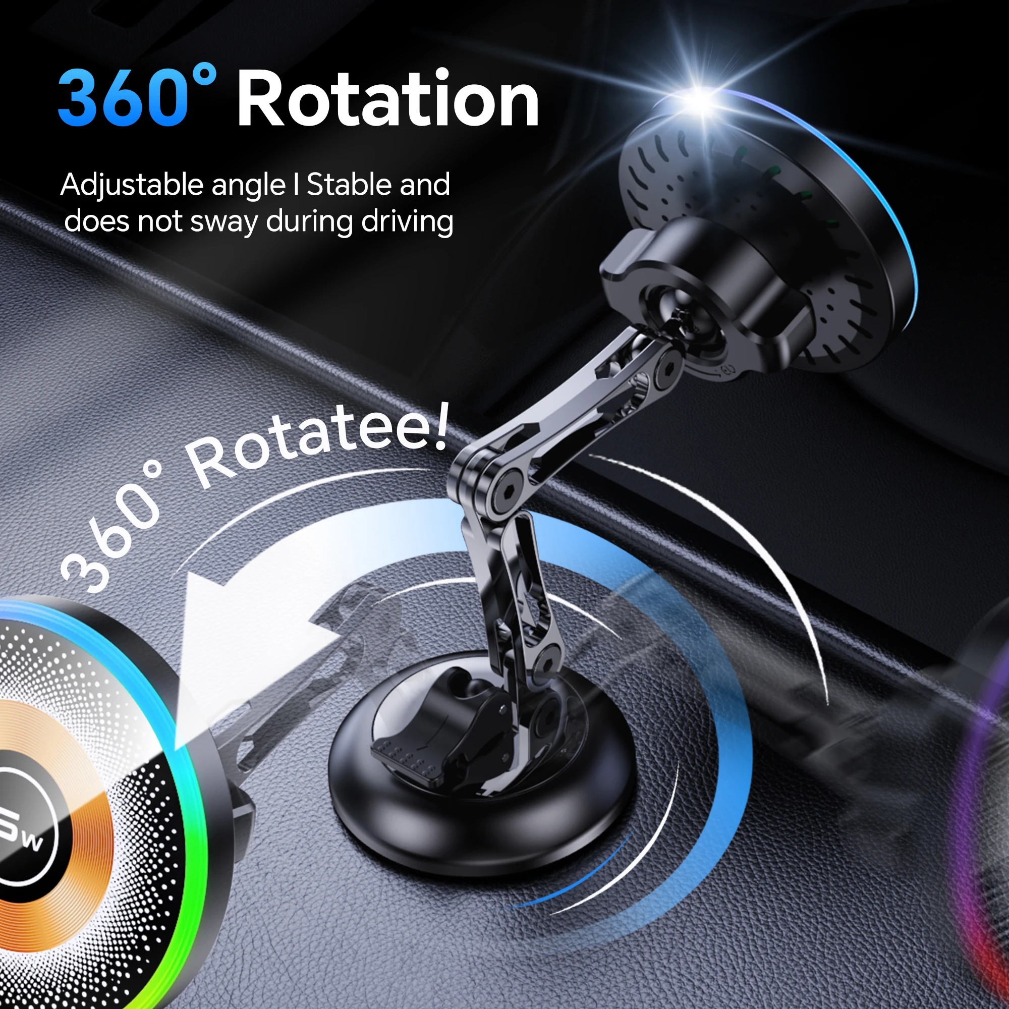 Magnetic Car Wireless Charger Stand with 15W Fast Charging and Phone Holder Bracket