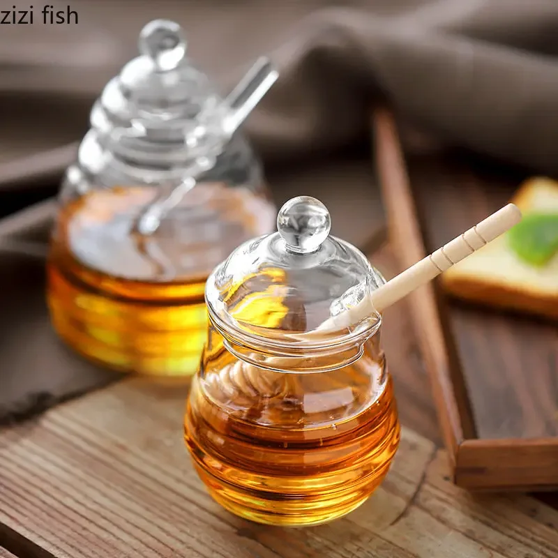 Honey Storage Container Glass Jar with Lid Transparent Jam Jar Creative Striped Glass Bottle Home Kitchen with Mixing Rod