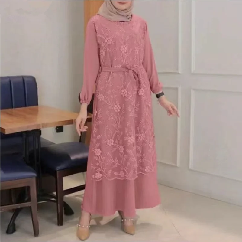 Islam Abaya Dress Round Neck Lace Abayas for Women Long Sleeve Waist Loose Long Ladies Dress