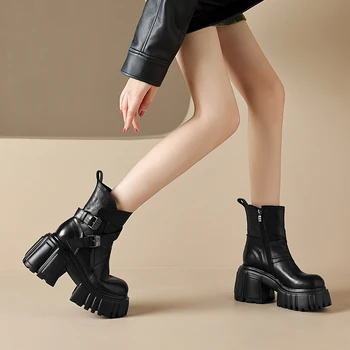 Original Fashion Women Boots Genuine Leather Thick-soled Coarse-heeled Boots Autumn Winter Black Brown Shoes