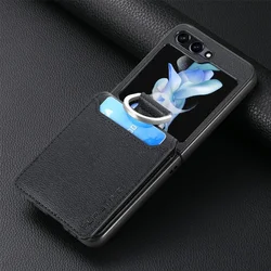 Elegant PU Leather Flip Phone Wallet Case with Litchi Pattern and Card Holder Ring for Galaxy Z Flip 1 (Black)