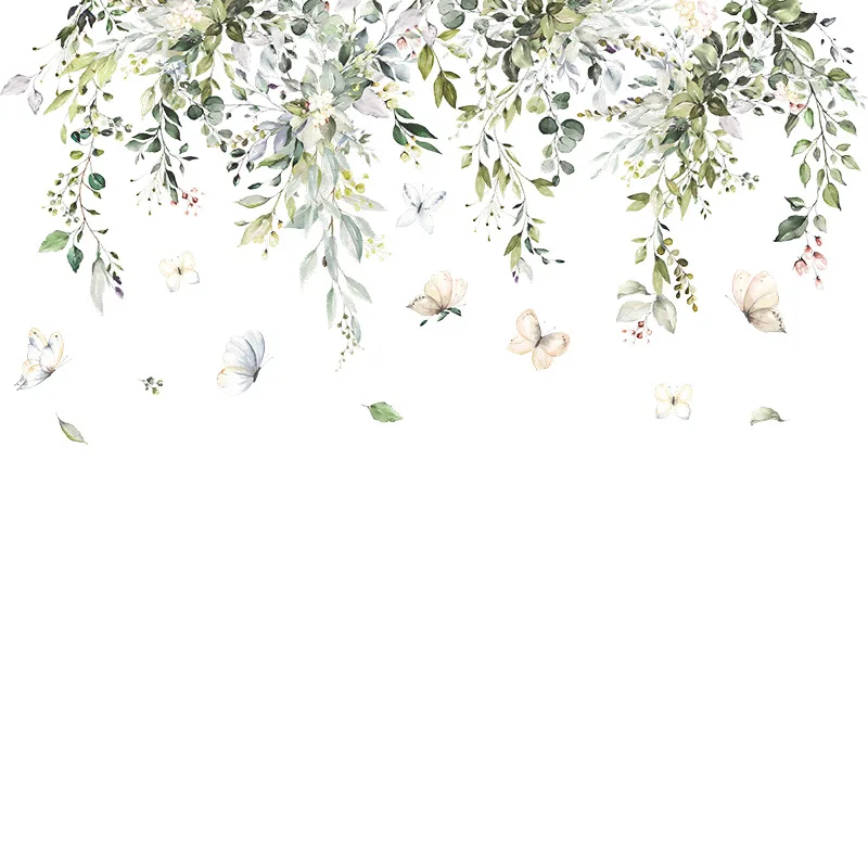 Tropical Green Leaf Butterfly Wall Decoration Bedroom Living Room Entrance Self Adhesive Wall Stickers