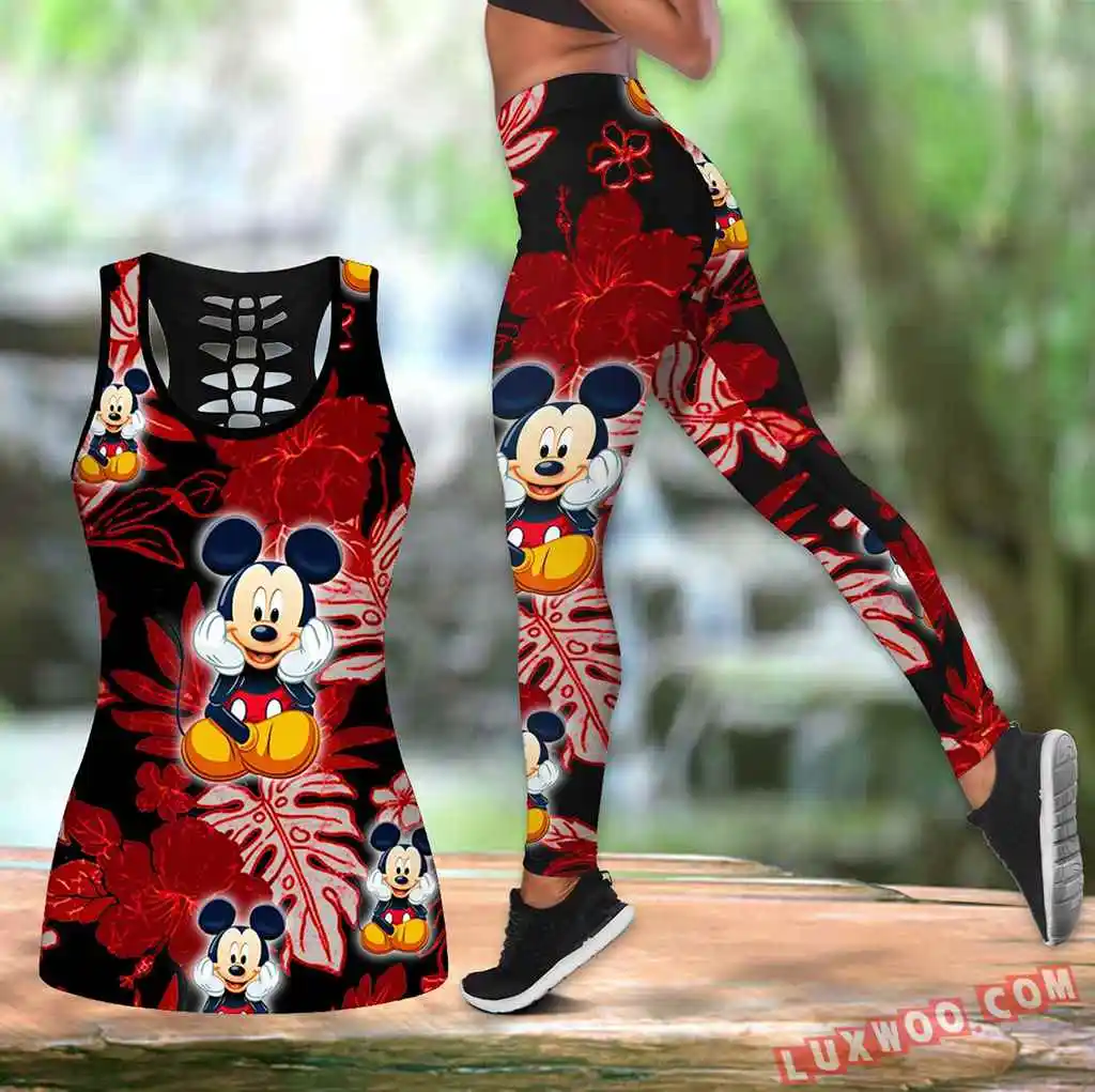 Mickey Mouse Women's Hollow Vest + Women's Leggings Yoga Suit Fitness  Leggings Sports Suit Disney Tank