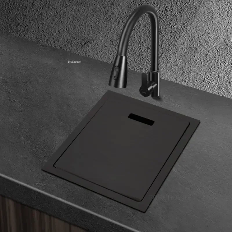 Stainless Steel Kitchen Sink Black Nano Small Single-slot Washbasin Dishwashing Island Counter Washing Sink with Cover Plate WW