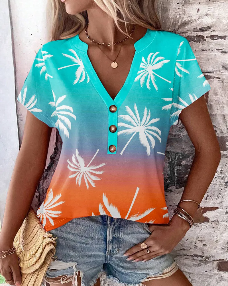 

Повседневная Женская футболка с принтом кокосового дерева и вырезом Омбре, модная повседневная футболка на пуговицах с коротким рукавом, футболка