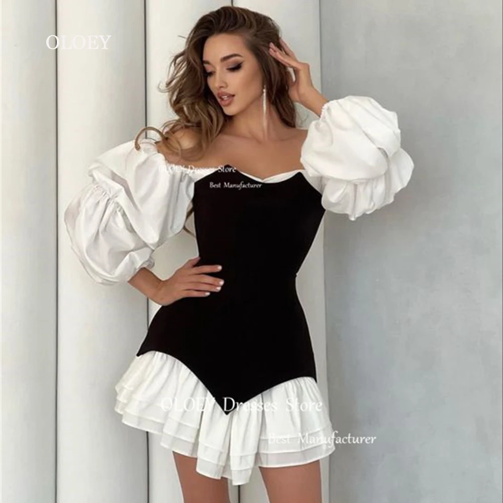 OLOEY Modern Black White Short Prom Cocktail Dresses Off Shoulder Women Wedding Party Dresses Summer Prom Dress Chiffon