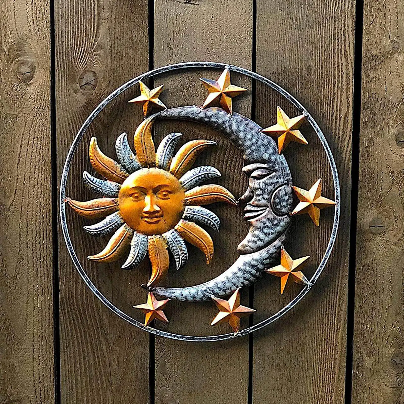 Sun Moon Wall Decor 3D Metal Sun Face Wall Plaque Iron Sun Moon Wall Decoration Waterproof Hanging Decor Artistic Sun and Moon with Star Sculpture for Home Garden Patio Porch 
