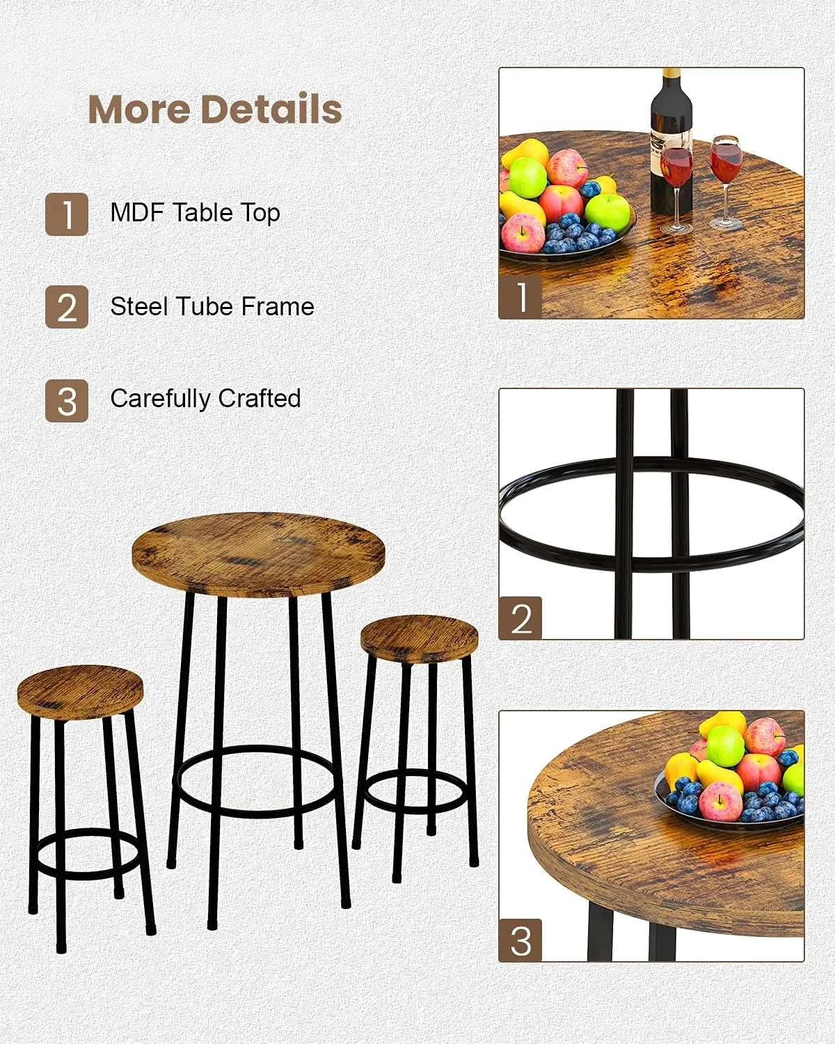 3 Piece Pub Dining Set, Modern Round bar Table and Stools for 2 Kitchen Counter Height Wood Top Bistro Easy Assemble