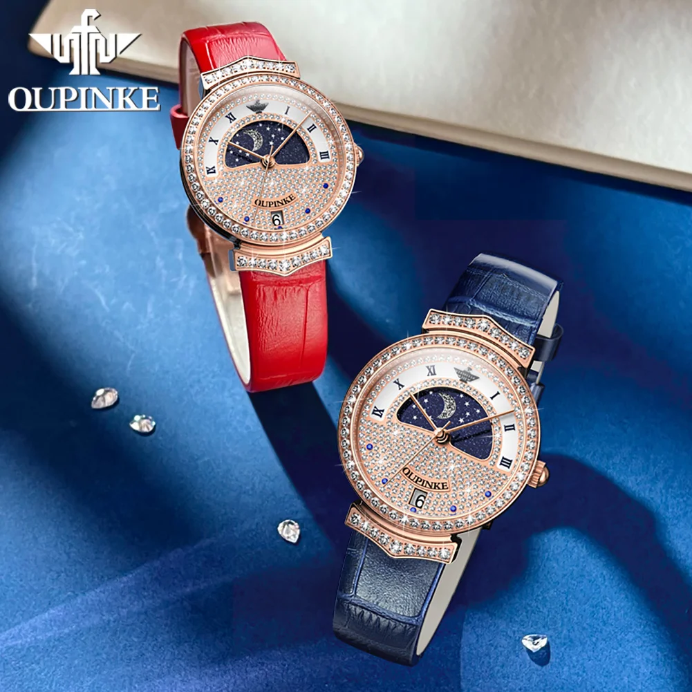 OUPINKE Swiss Imported Movement Quartz Watch for Women Luxury Brand Fully Diamond Starry Sky Dial Moon Phase Ladies Wristwatches