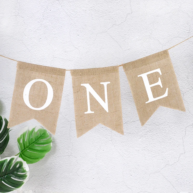 Burlap ONE Garland Boy Girl First Birthday Party Decoration Favors One Year Old Baby High Chair Flag Banner Photo Props Supplies