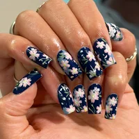 Mid-length Coffin Fake Nails 24Pcs White French Tip Ballerina Press On Nail Pink/White Flower Printed Spring/Summer DIY Manicure 3