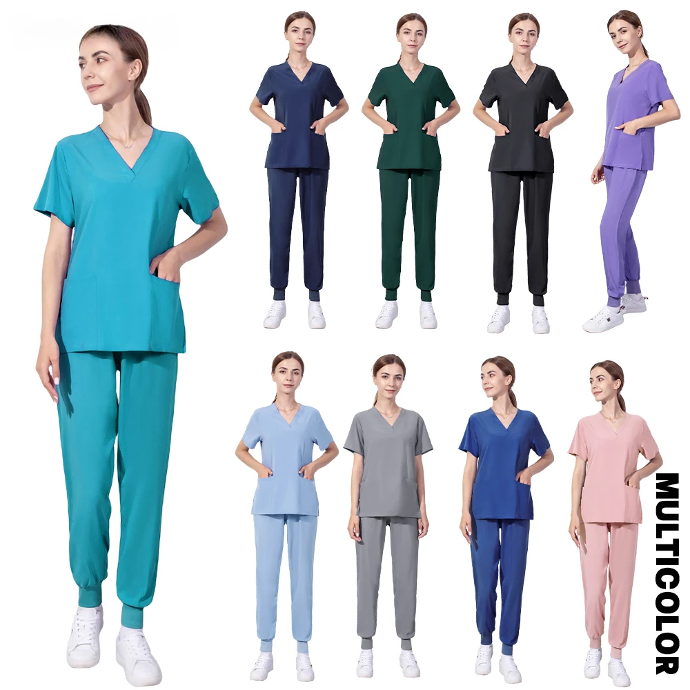 Operating Room Medical Uniforms Women Scrubs Clothes Sleeve V-Neck Workers T-Shirt Tops Summer Uniformes  Medical Accessories