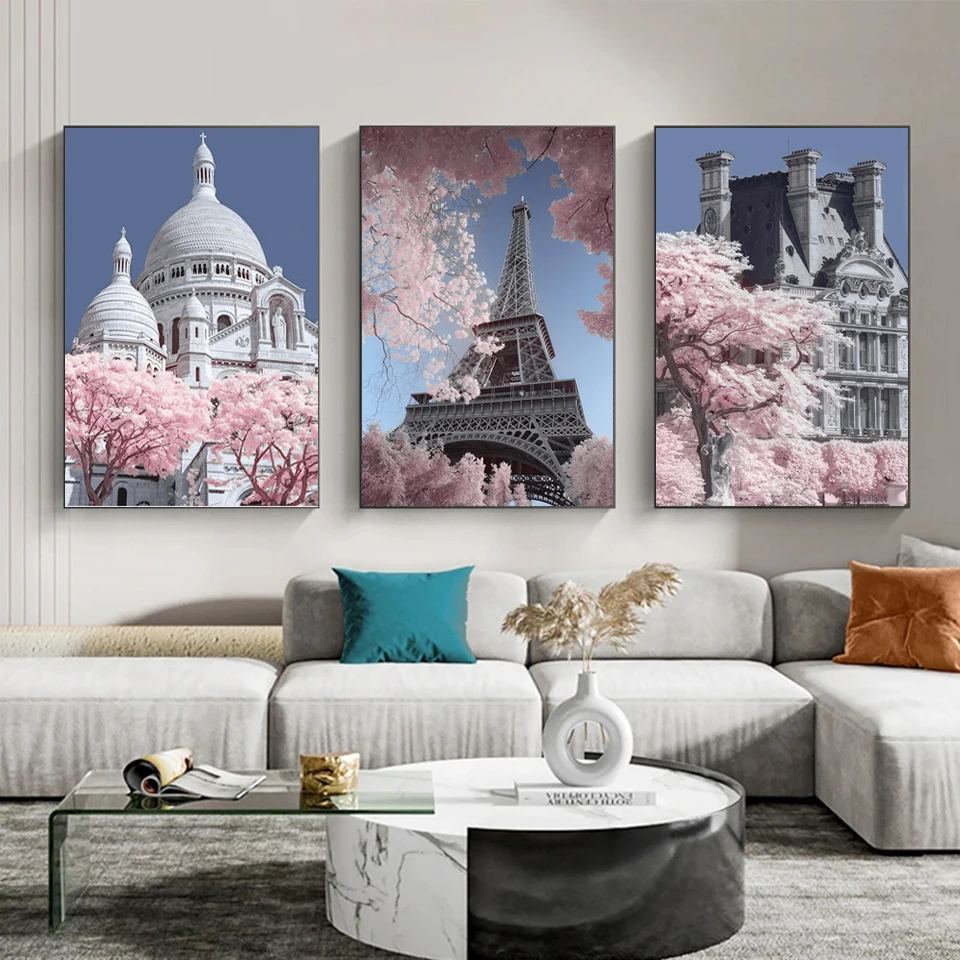 

Триптих, розовый пейзаж, башня, уличный вид, 5D Алмазная мозаика, Набор для вышивки крестиком, полная квадратная круглая алмазная живопись G124