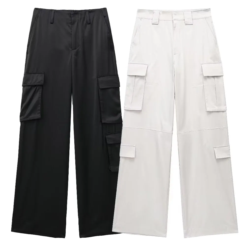 

Early autumn new fashion women's casual street trend all-match high-waisted pockets decorated with silk satin overalls