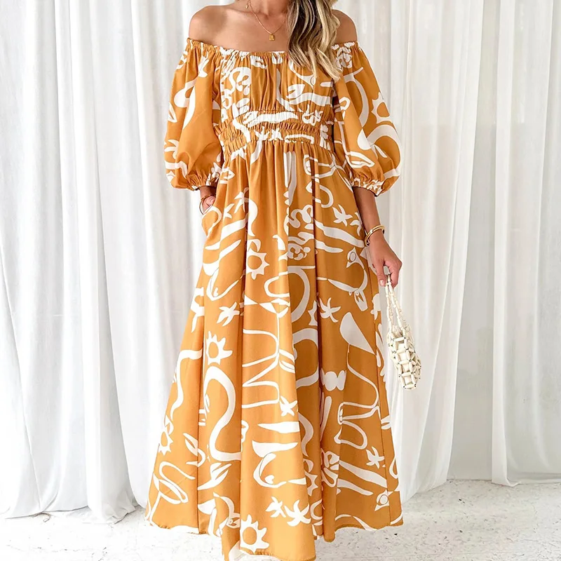 

Retro Pattern Print Swing Long Dress Summer Women Elastic Waist Loose Dress Spring Elegant One Shoulder Puff Sleeve Party Dress