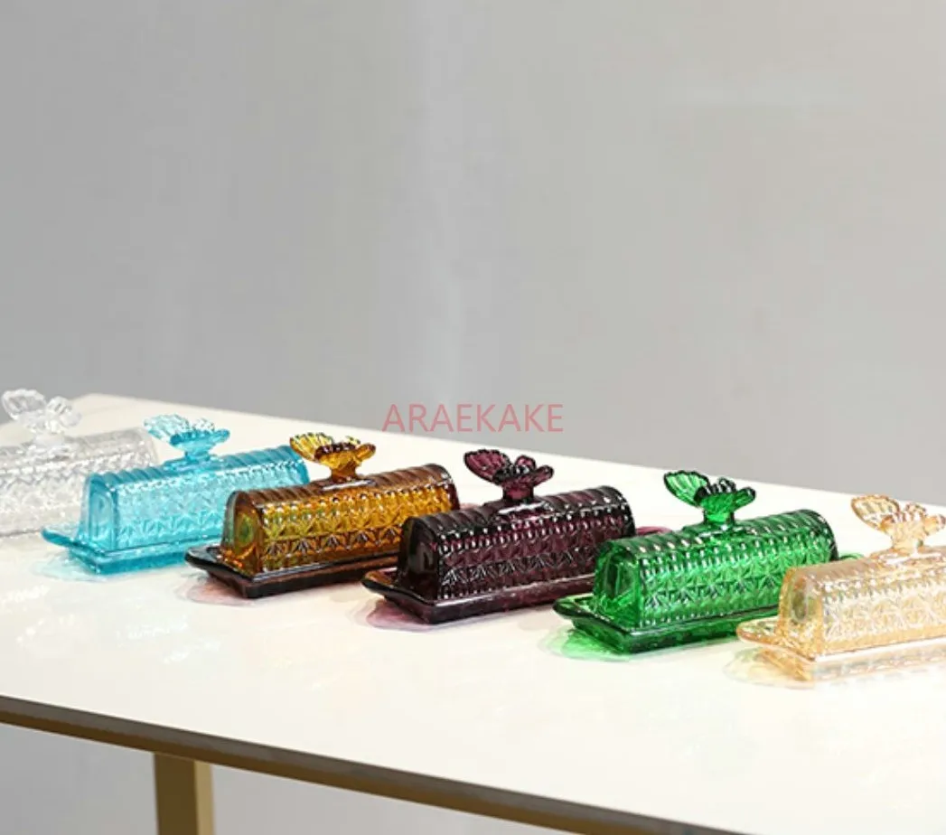 Vintage color butterfly glass butter box butter storage box Dim sum cheese dessert with cover fresh-keeping