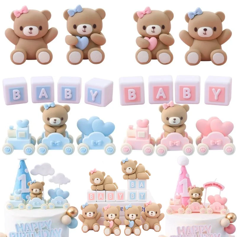 Topper per torta di compleanno Simpatico orso rosa blu Palline da treno Inserto Decorazione per torta Ragazzo Ragazza Fornure per baby shower per la prima festa di compleanno  15