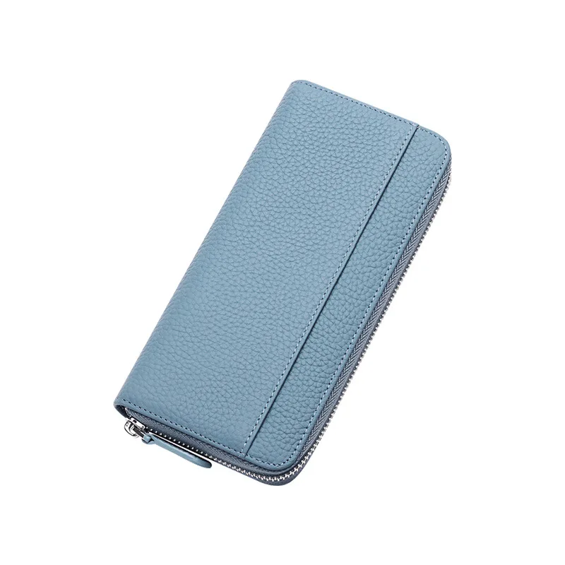 Genuine Leather Women's Long Zipper Wallet with Litchi Pattern Cowhide Leather Clutch Purse