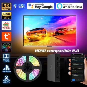 스마트 주변 TV LED 백라이트 싱크박스 RGB 스트립 조명 키트, 와이파이, 알렉사 음성, 구글 어시스턴트 제어, 4K 장치