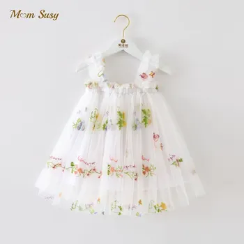 Baby Girl Princess ricamo Flower Strap Dress senza maniche Infant Toddler Child Vestido Party Birthday Summer Baby Clothes 0-7Y