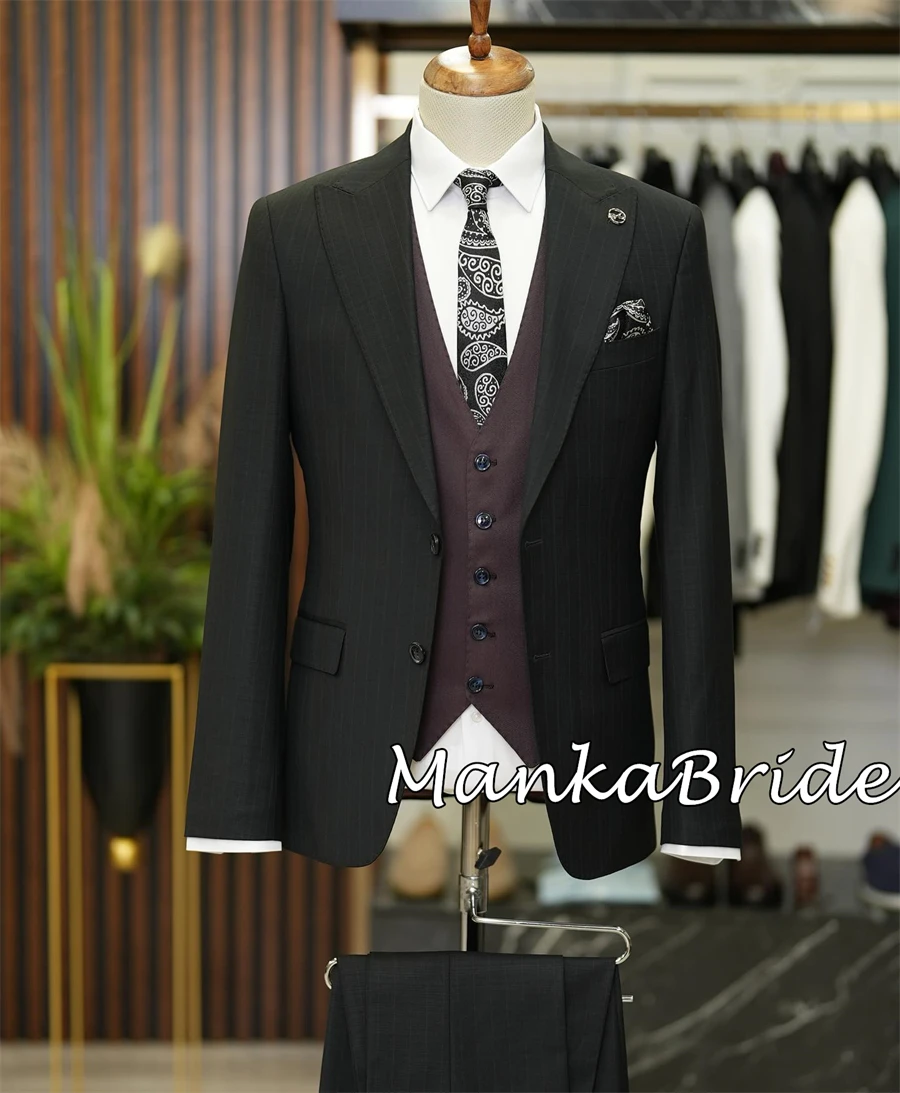 Grey Stripe Elegant Men's Suit for Wedding Groom 3pcs Blazer Vest Pants Formal Business Party Full Male Suits