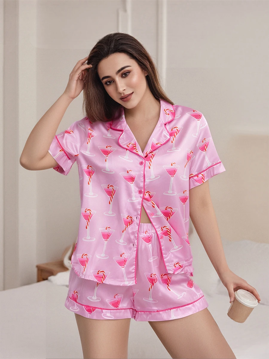Women s 2-Piece Pajama Set with Fun Cocktail Cups Print Short Sleeve Top and Matching Shorts - Cozy Loungewear for Relaxing