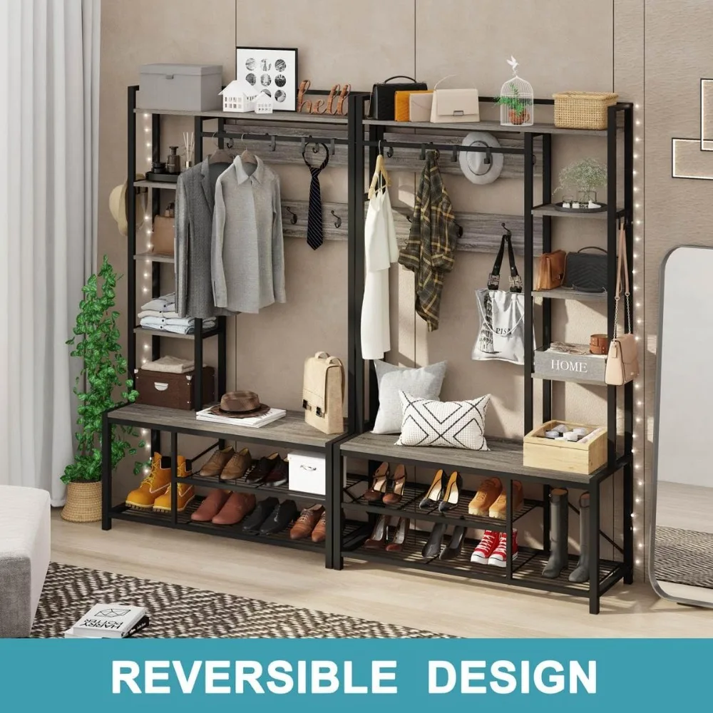 hall tree with bench and shoe storage, entryway bench with coat rack, wooden metal coat tree with hooks, 5 in 1 multifunctional